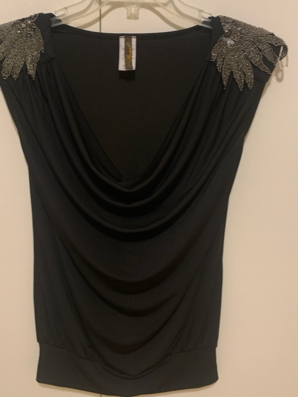 Poema Black Draped Cowl Neck Top with Silver Beaded Shoulders